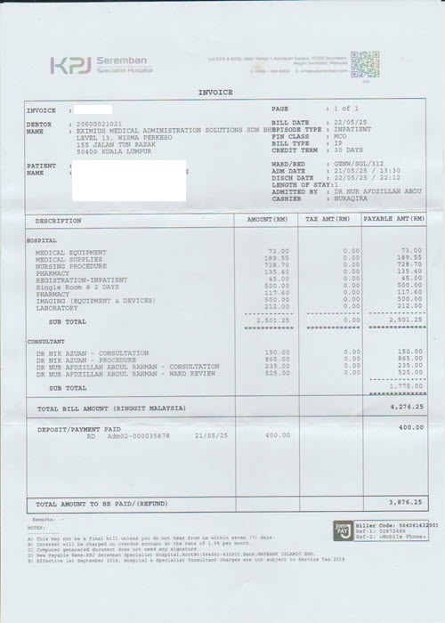 Invois KPJ Seremban berjumlah RM4,276.25, dibayar melalui eMAS